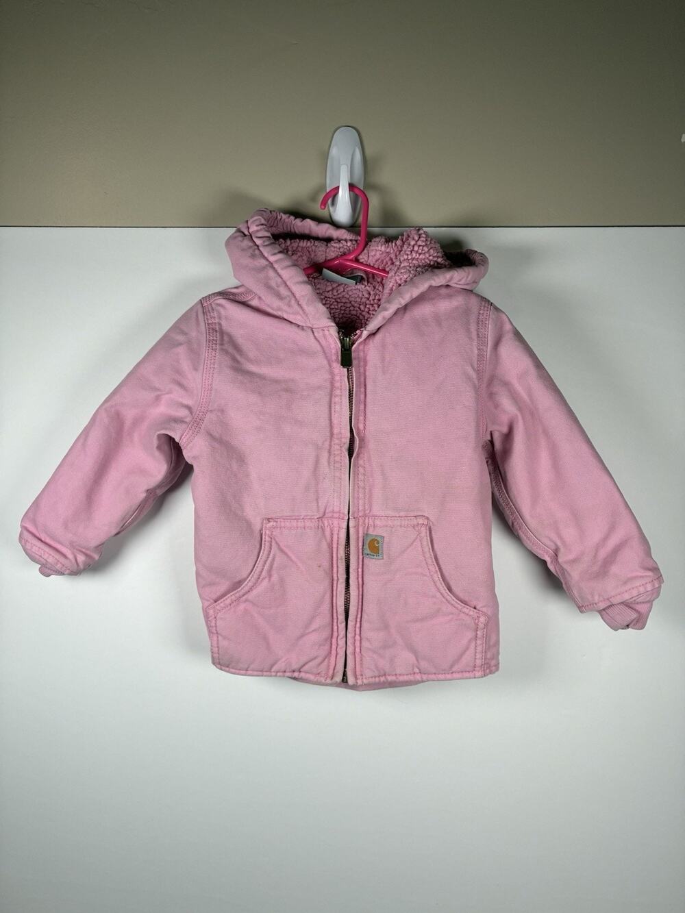 Carhartt Girls 3T Pink Sherpa Lined Hooded Jacket Duck Canvas Workwear Coat